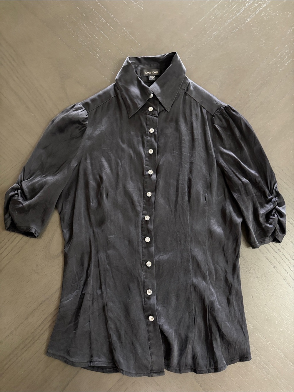 bebe Black Short-Sleeve Button Down Shirt with Pearl Buttons